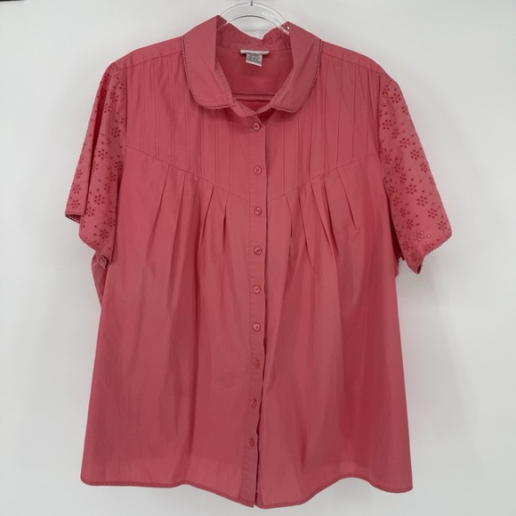 Chelsea Studio Womens Button Up Blouse Coral Eyelet Short Sleeve 28W 100% Cotton - Picture 1 of 15